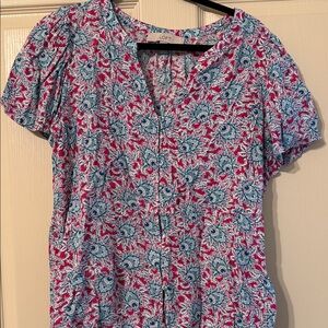 LOFT Pink and Blue Floral Short-Sleeve V-Neck Blouse